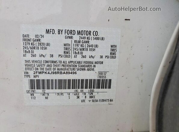 2FMPK4J98RBA89496 2024 FORD EDGE White Вид наклейки з VIN-кодом