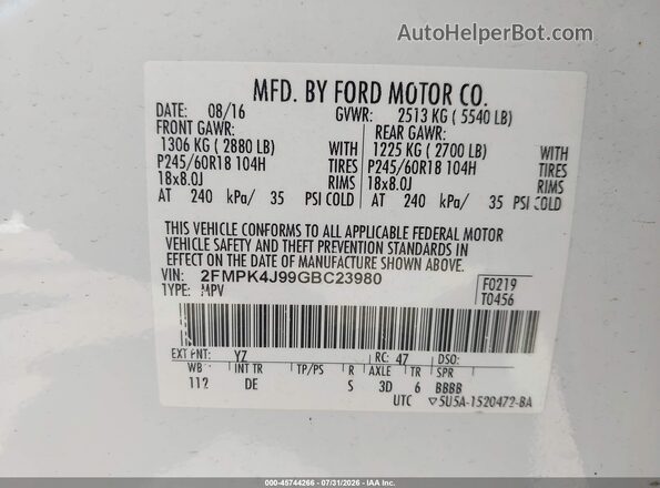 2FMPK4J99GBC23980 2016 FORD EDGE Белый Вид подкапотного пространства