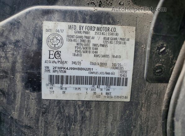 2FMPK4J99HBB92201 2017 FORD EDGE Black Панорамний вид салону 360°
