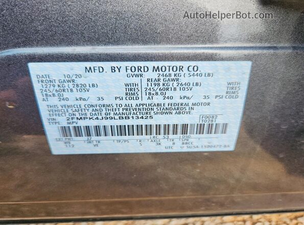 2FMPK4J99LBB13425 2020 FORD EDGE Gray ძრავის განყოფილების ხედი