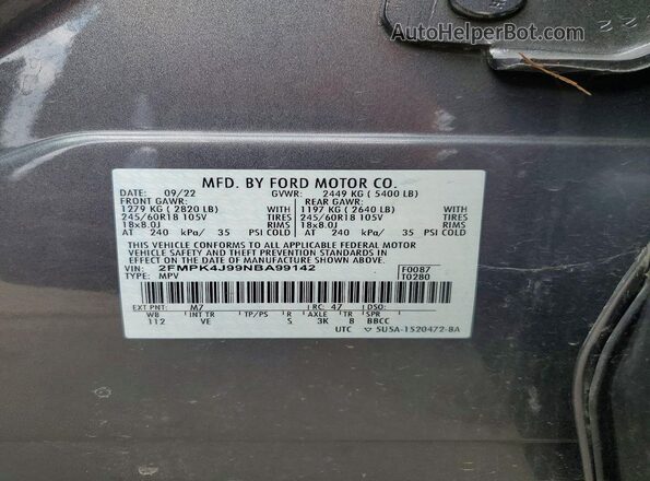 2FMPK4J99NBA99142 2022 FORD EDGE Gray VIN კოდის სტიკერის ხედი