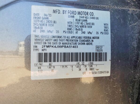 2FMPK4J99PBA51403 2023 FORD EDGE Gray Вид наклейки з VIN-кодом