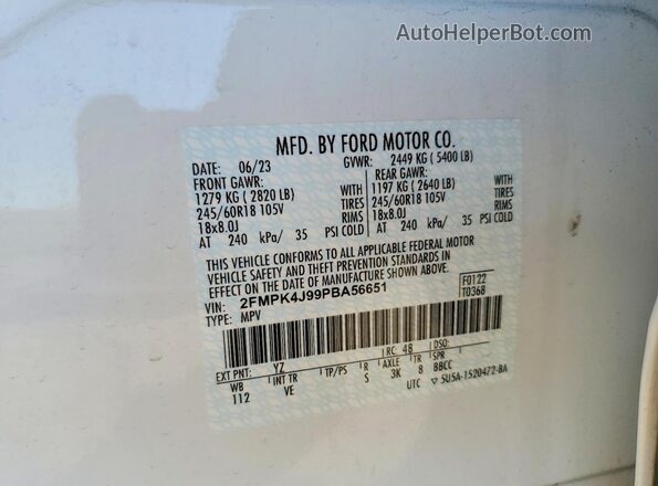2FMPK4J99PBA56651 2023 FORD EDGE White Widok naklejki z numerem VIN