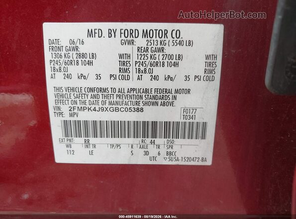 2FMPK4J9XGBC05388 2016 FORD EDGE Red Widok komory silnika