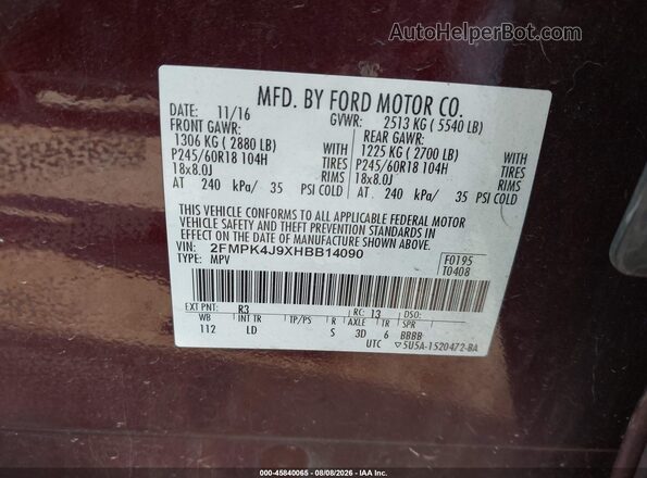 2FMPK4J9XHBB14090 2017 FORD EDGE Burgundy ძრავის განყოფილების ხედი