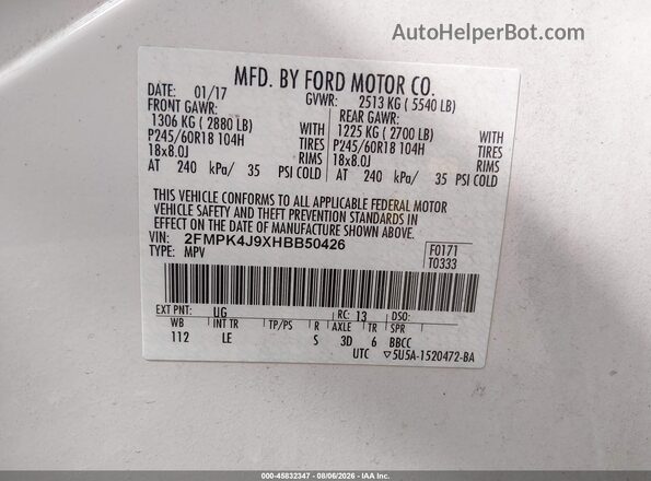 2FMPK4J9XHBB50426 2017 FORD EDGE White Вид підкапотного простору