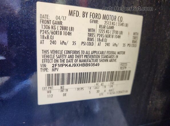 2FMPK4J9XHBB93549 2017 FORD EDGE Blue Vista de la etiqueta del VIN