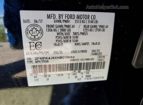 2FMPK4J9XHBC19082 2017 FORD EDGE Black VIN sticker view