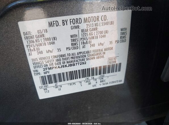2FMPK4J9XJBB77292 2018 FORD EDGE Gray Vista del compartimento del motor