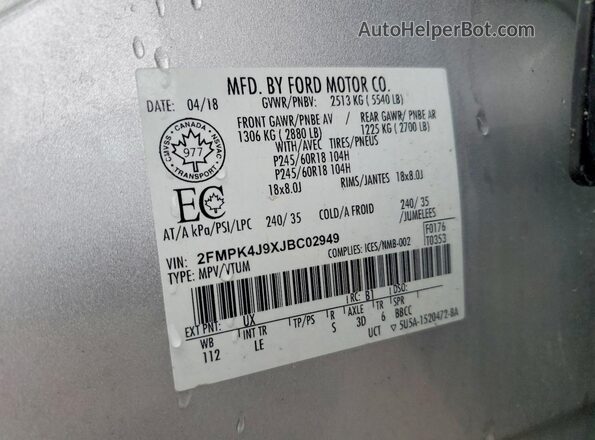 2FMPK4J9XJBC02949 2018 FORD EDGE Silver Widok naklejki z numerem VIN