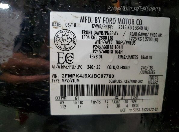 2FMPK4J9XJBC07780 2018 FORD EDGE Black Вид наклейки з VIN-кодом