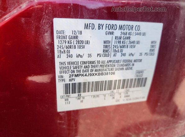 2FMPK4J9XKBB38106 2019 FORD EDGE Red Вид підкапотного простору