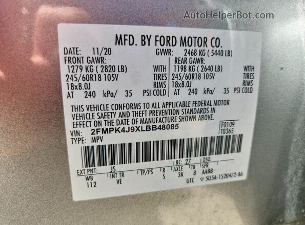 2FMPK4J9XLBB48085 2020 FORD EDGE Серебряный Вид наклейки с VIN-кодом