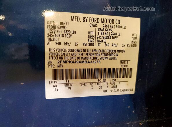 2FMPK4J9XMBA33276 2021 FORD EDGE Blue Widok wnętrza 360 stopni