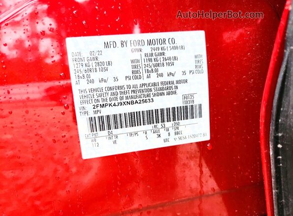 2FMPK4J9XNBA25633 2022 FORD EDGE Red Engine compartment view
