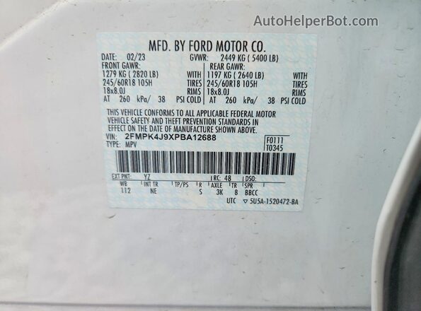 2FMPK4J9XPBA12688 2023 FORD EDGE White VIN sticker view
