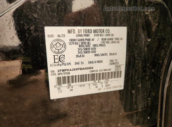 2FMPK4J9XPBA60000 2023 FORD EDGE Черный Вид наклейки с VIN-кодом