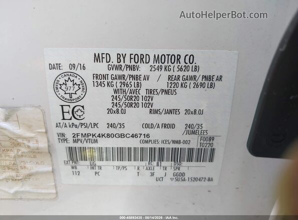 2FMPK4K80GBC46716 2016 FORD EDGE White Vista del compartimento del motor
