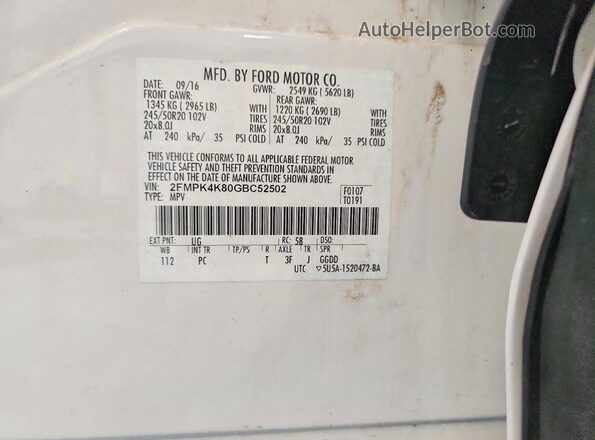2FMPK4K80GBC52502 2016 FORD EDGE White Vista interior de 360 grados