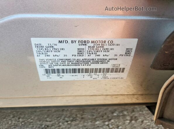 2FMPK4K80HBB14122 2017 FORD EDGE Silver VIN კოდის სტიკერის ხედი
