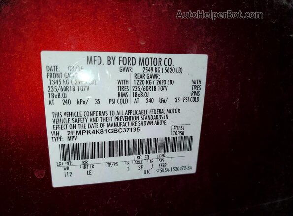 2FMPK4K81GBC37135 2016 FORD EDGE Красный Вид наклейки с VIN-кодом