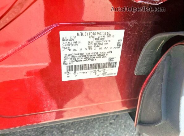2FMPK4K81HBB72854 2017 FORD EDGE Red Vista de la etiqueta del VIN