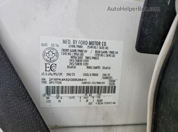 2FMPK4K82GBB28411 2016 FORD EDGE White Вид наклейки з VIN-кодом