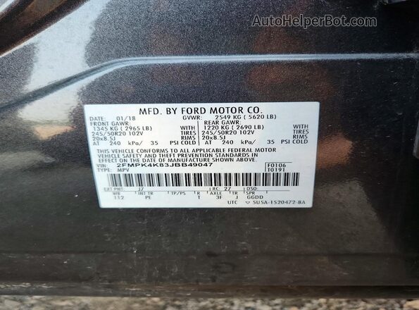 2FMPK4K83JBB49047 2018 FORD EDGE Gray სალონის 360-გრადუსიანი ხედი