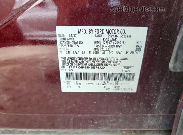 2FMPK4K85HBB78320 2017 FORD EDGE Burgundy Vista de la etiqueta del VIN