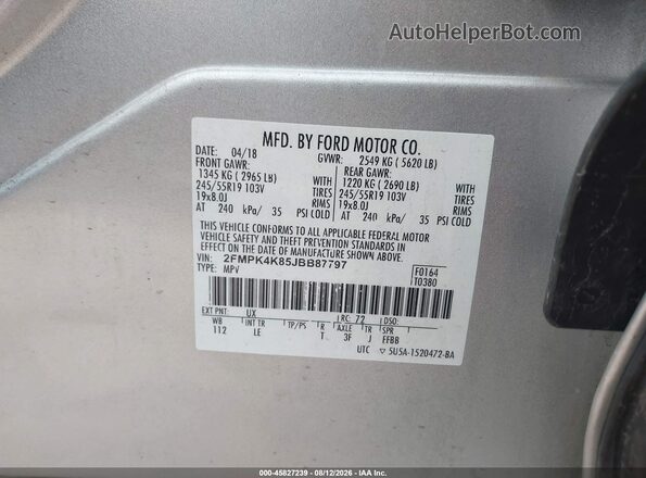 2FMPK4K85JBB87797 2018 FORD EDGE Silver Вид підкапотного простору