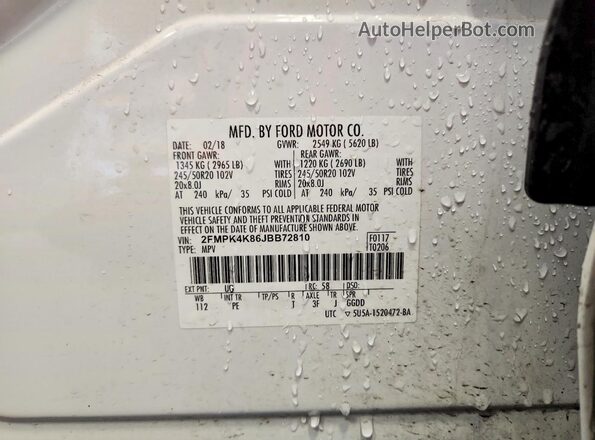 2FMPK4K86JBB72810 2018 FORD EDGE White Вид наклейки з VIN-кодом
