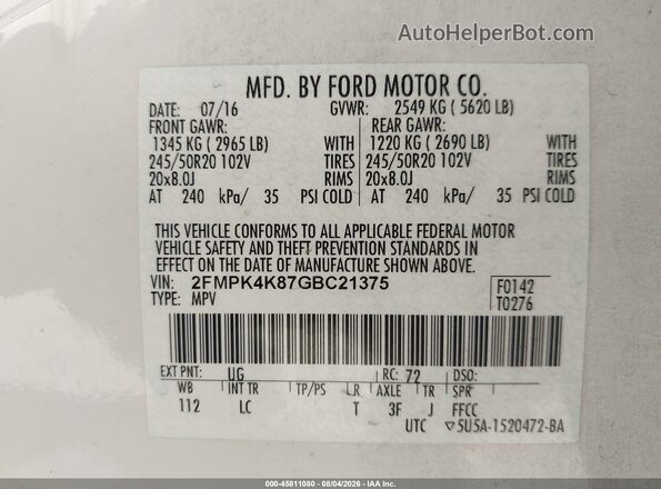 2FMPK4K87GBC21375 2016 FORD EDGE White ძრავის განყოფილების ხედი