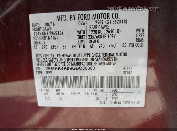 2FMPK4K89GBC36363 2016 FORD EDGE Бордовый Вид подкапотного пространства