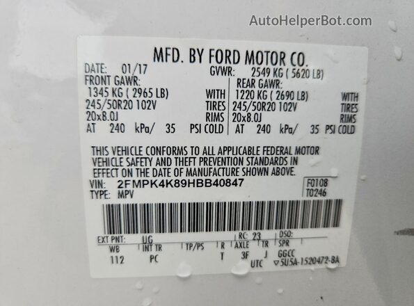 2FMPK4K89HBB40847 2017 FORD EDGE White Панорамний вид салону 360°
