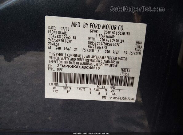 2FMPK4K8XJBC45516 2018 FORD EDGE Blue ძრავის განყოფილების ხედი