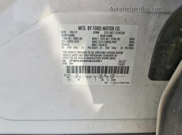 2FMPK4K90HBC64501 2017 FORD EDGE White Вид підкапотного простору