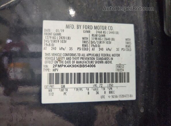 2FMPK4K90KBB54006 2019 FORD EDGE Black Панорамний вид салону 360°