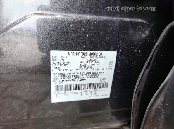 2FMPK4K90KBC21011 2019 FORD EDGE Charcoal Vista del compartimento del motor