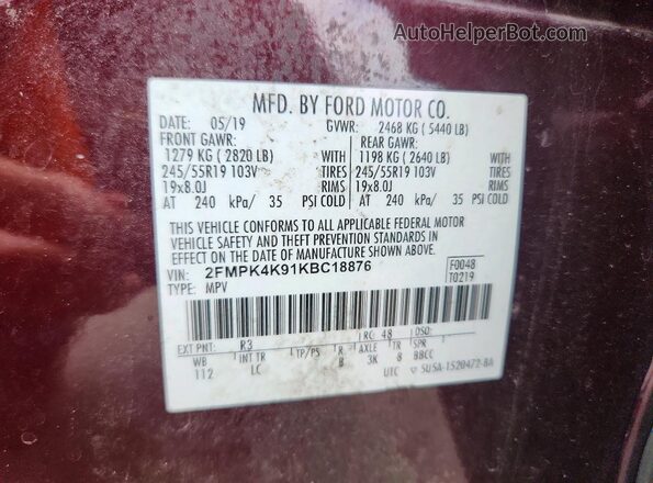 2FMPK4K91KBC18876 2019 FORD EDGE Maroon Widok komory silnika