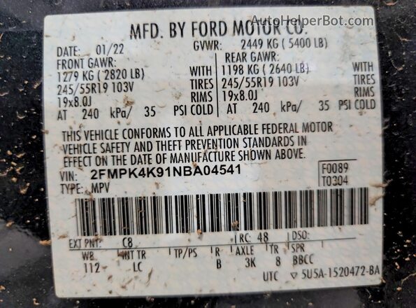 2FMPK4K91NBA04541 2022 FORD EDGE Charcoal Вид підкапотного простору