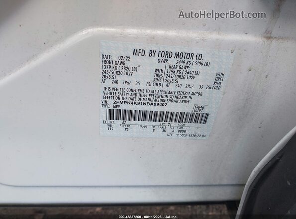 2FMPK4K91NBA09402 2022 FORD EDGE White Widok komory silnika