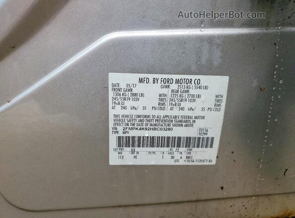 2FMPK4K92HBC03280 2017 FORD EDGE Silver Vista de la etiqueta del VIN