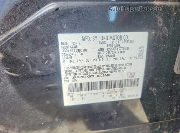 2FMPK4K92HBC03540 2017 FORD EDGE Черный Вид наклейки с VIN-кодом
