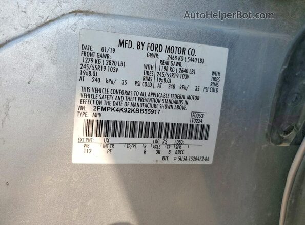 2FMPK4K92KBB55917 2019 FORD EDGE Silver VIN կոդի պիտակի տեսք