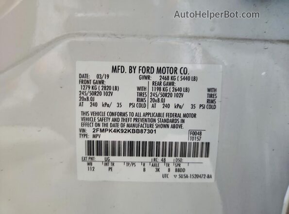 2FMPK4K92KBB87301 2019 FORD EDGE White Vista de la etiqueta del VIN