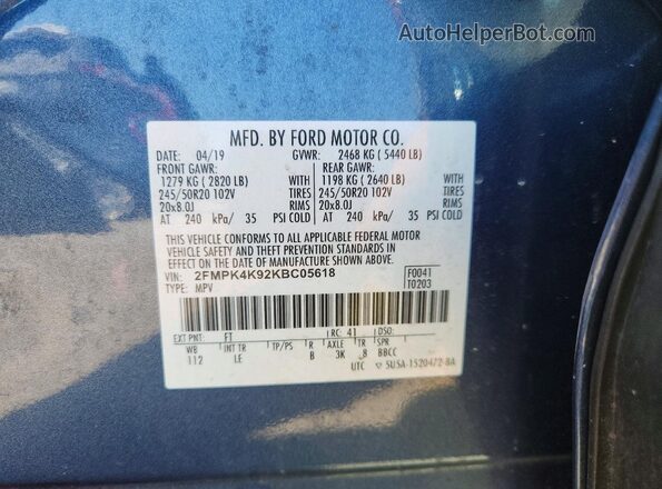 2FMPK4K92KBC05618 2019 FORD EDGE Синий Панорамный вид салона 360°