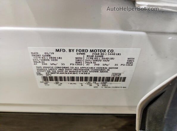 2FMPK4K92KBC14383 2019 FORD EDGE White VIN sticker view