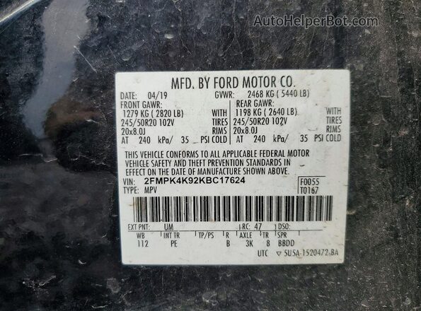 2FMPK4K92KBC17624 2019 FORD EDGE Black Vista de la etiqueta del VIN