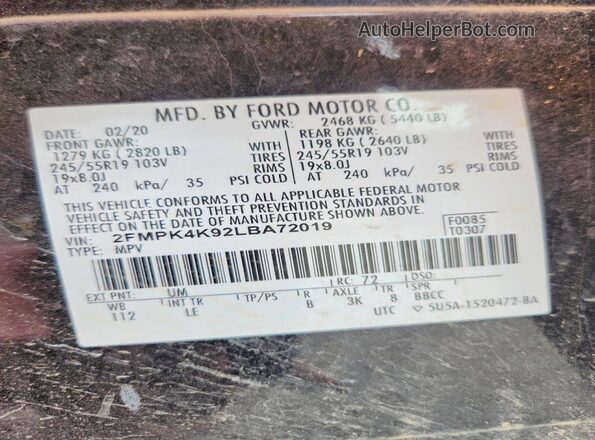 2FMPK4K92LBA72019 2020 FORD EDGE Черный Вид наклейки с VIN-кодом