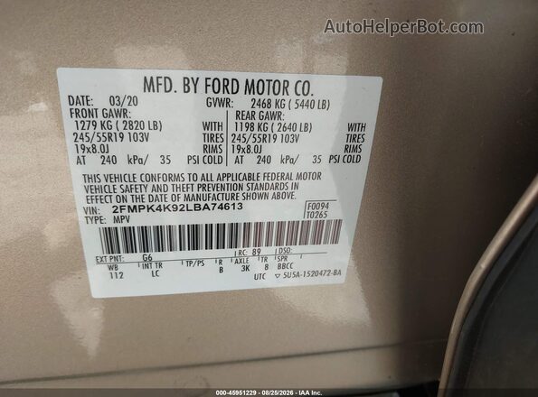 2FMPK4K92LBA74613 2020 FORD EDGE Gold Vista del compartimento del motor